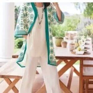 NWT SOFT SURROUNDINGS Women's Le Parc Ecru Teal Topper / Kimono - One Size